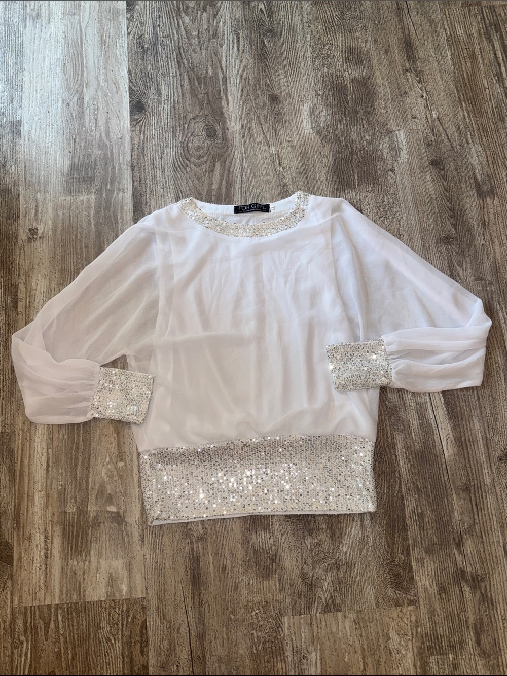 Sheer White Sequin-Trim Blouse